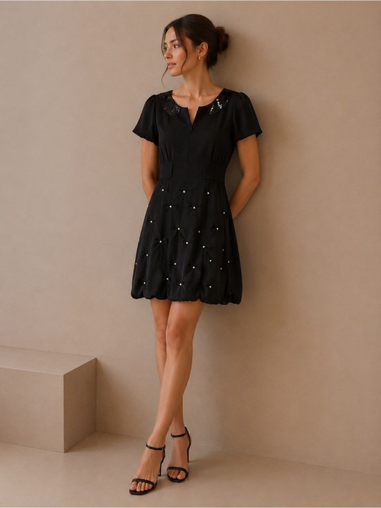 Sretsis Dresses & Skirts - Sretsis Black Bubble Hem Dress Size 2 Sequin Collar Pearl Detail Puff Sleeve